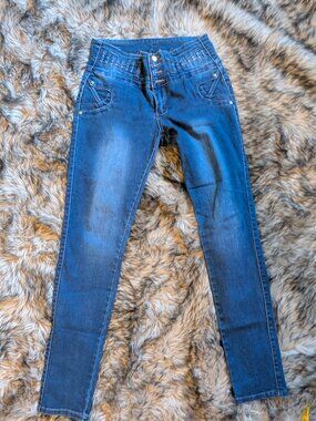 Tush Push Rhinestone 4-Button Waist Skinny Jeans Size 11 Super Stretch
